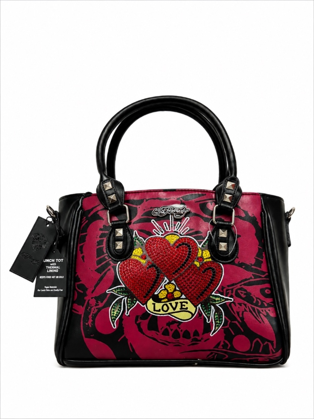Ed Hardy Lunch Tote Bag Hearts Rhinestone Thermal Insulated Vegan Crossbody